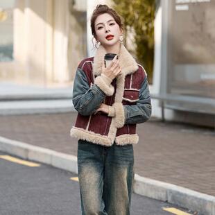 保暖秋加绒短CY8099 接皮毛一0体翻领时尚 1外套 女牛仔拼装 冬新款