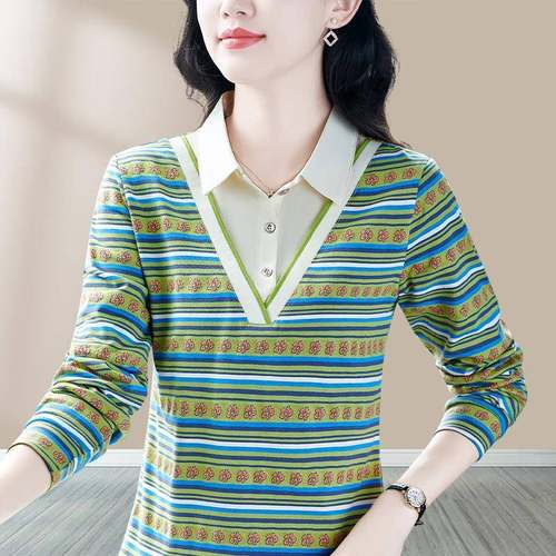82050506春秋0长袖t恤224新款时尚洋气印花条纹显上瘦polo衫气女