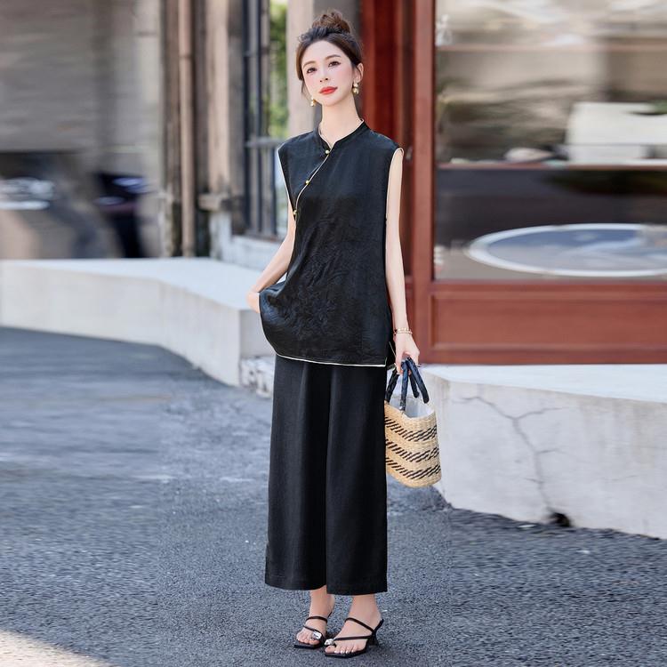 新中式国风轻斜奢典ZMAN8251雅古黑提色花背心复夏季新款襟气质套