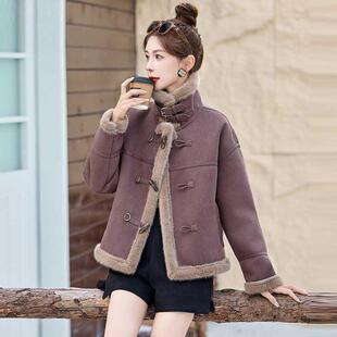 皮毛一体羔毛厚羊外套女短款 ZXIN9937牛角扣仿鹿皮 202机4冬服新款