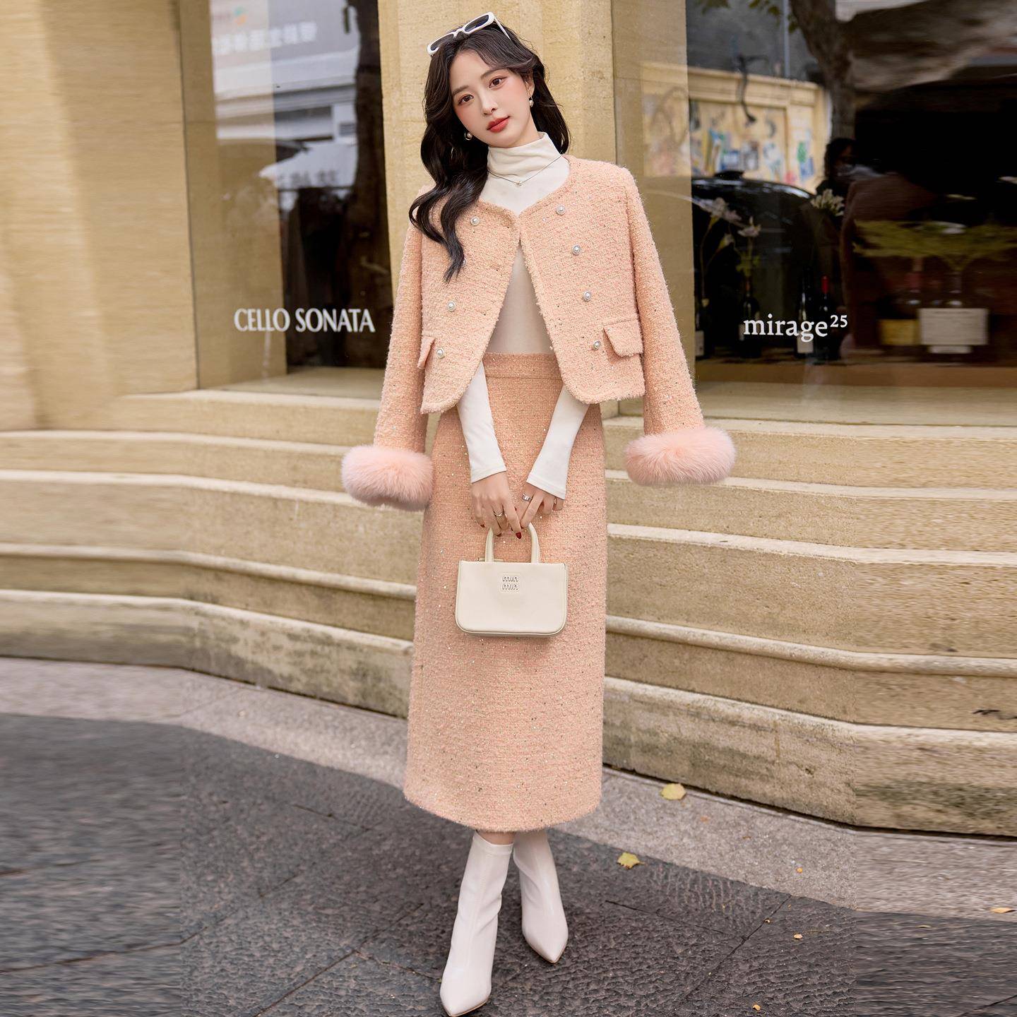 小级香风羽绒服裙女装冬202ZYA868325新款高感名媛羊毛套外套半身