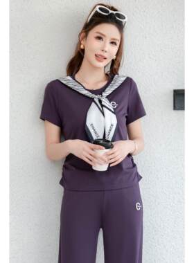 夏新款女士休运动套装短袖1045192阔腿长裤两件套圆闲季领裤时尚