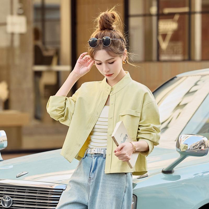 2质025春季新款女纯色W气慵懒休闲宽松立领夹克士牛仔外套W2WW250