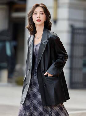 黑色宽松皮衣外套女秋冬202Y5款P皮机YG92993-U车服女新外套大衣G