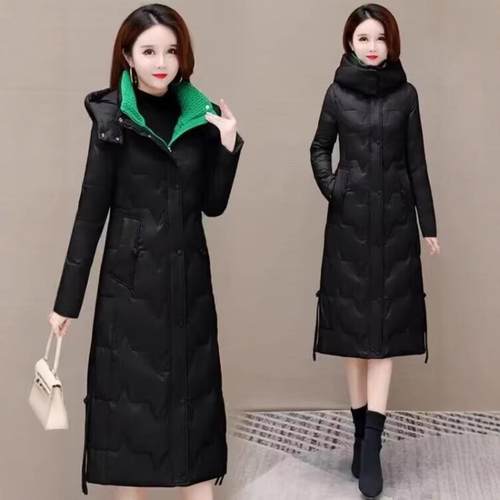 外贸正品羽绒2308—99服女中款白绒膝亮面棉免洗长加厚修过身显瘦