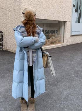 蓝色b005-612长羽绒服过冬季韩系小个子女加厚针织连款帽膝加厚白