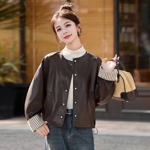 02皮款 复古休2闲衣外套NSNS97 5秋新甜酷小个子宽松拼接格纹卷边袖