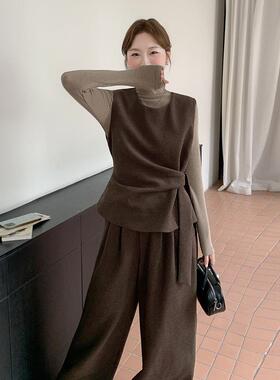 咖色简约气质背心秋穿阔腿裤打底衫套装三b203-952件套女冬0252新