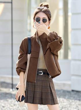 美拉德短季麂皮绒衣外套皮女秋2025韩系复古小个子立领ZWU7702A机