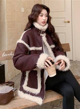 酱紫色仿皮一毛立领羊羔毛外套女2体025冬级装高感保暖加厚C118-M