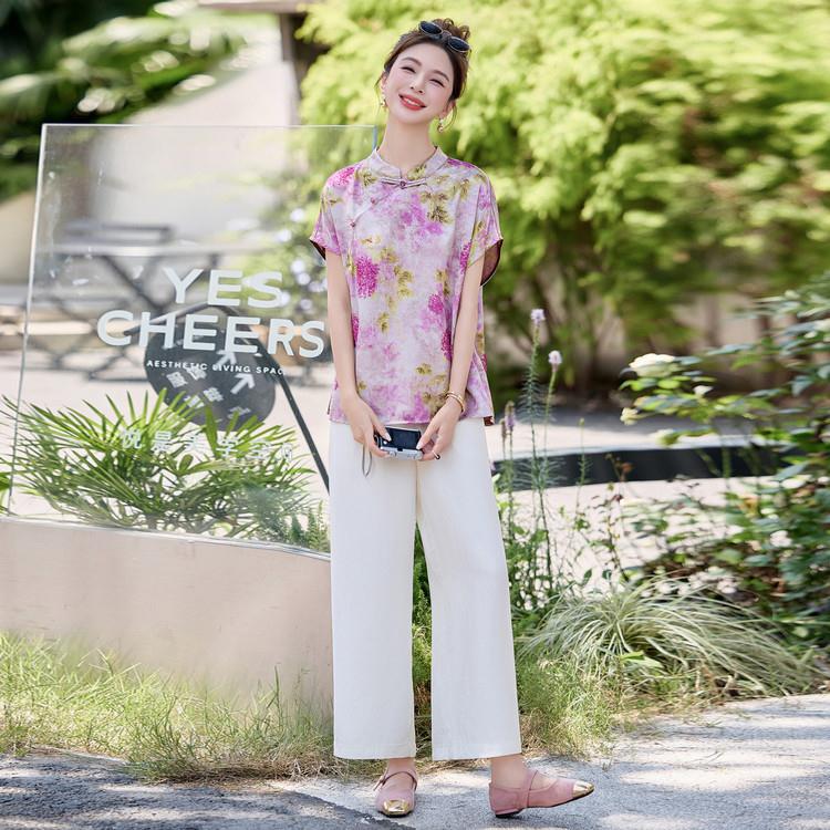 新ZMAN8251花中式国风装女季套新款洋气显瘦印盘扣夏上衣阔腿裤两
