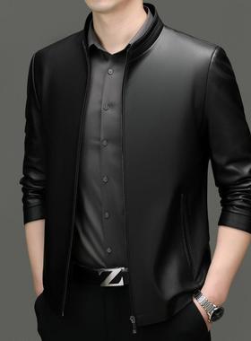 春秋款新男士翻领商务真皮上衣皮绵羊皮闲休22088-C父亲立领外套