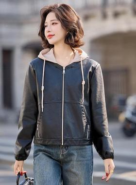 可脱卸帽子休皮闲衣外YG82942套2025春季女女装4新款时尚士皮衣 Y
