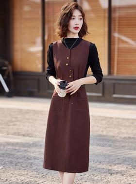 秋新款女装高领长袖打底长背心裙两件套时尚中连衣裙 W季55W55626