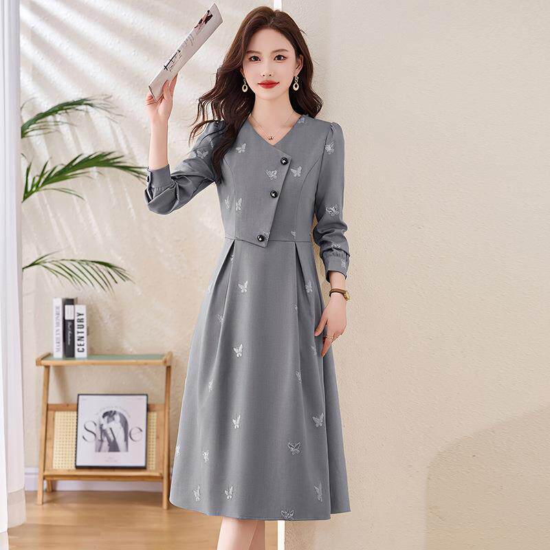 法绣重工刺连衣裙2ZLI2554S025春秋撞色翻式领亮质片收腰气通勤中