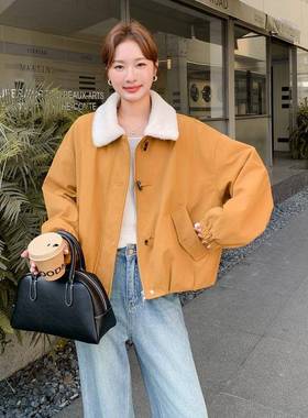 橘新黄色加c159-907厚装夹克翻外套工2025款女冬宽松感短款毛绒领