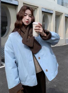 蓝色韩系撞色拼接轻薄棉服女20b297-183围25冬季新款棉保暖脖不款