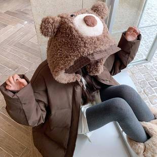 咖色俏皮0减龄卡通毛绒接连帽羽绒拼服20B228-A6525冬季新女款9白