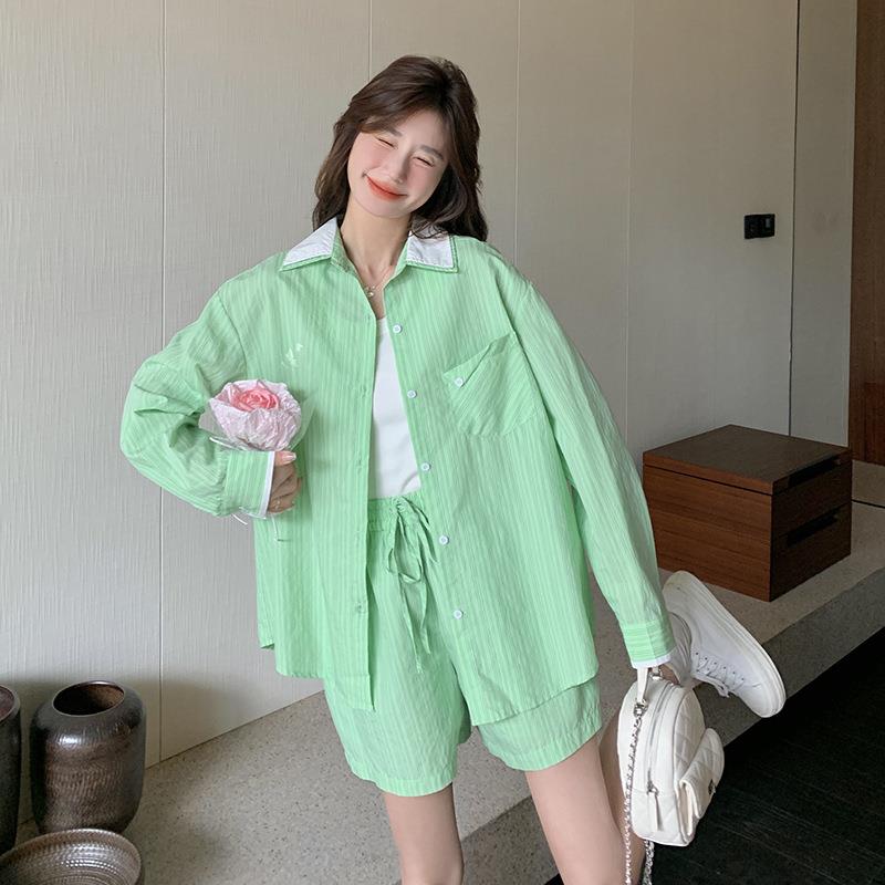 时尚 休闲套装防2025DJ6818-0春季新款晒慵懒条纹衬衣腿裤两阔件