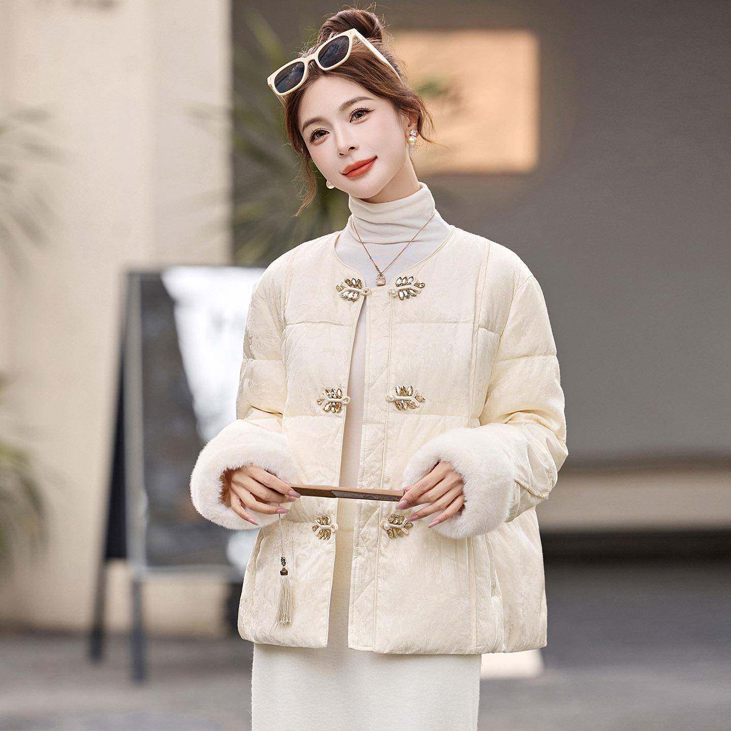 新中式国风圆领盘羽绒服女扣短款2ZLI25613025冬季保暖套季加厚毛