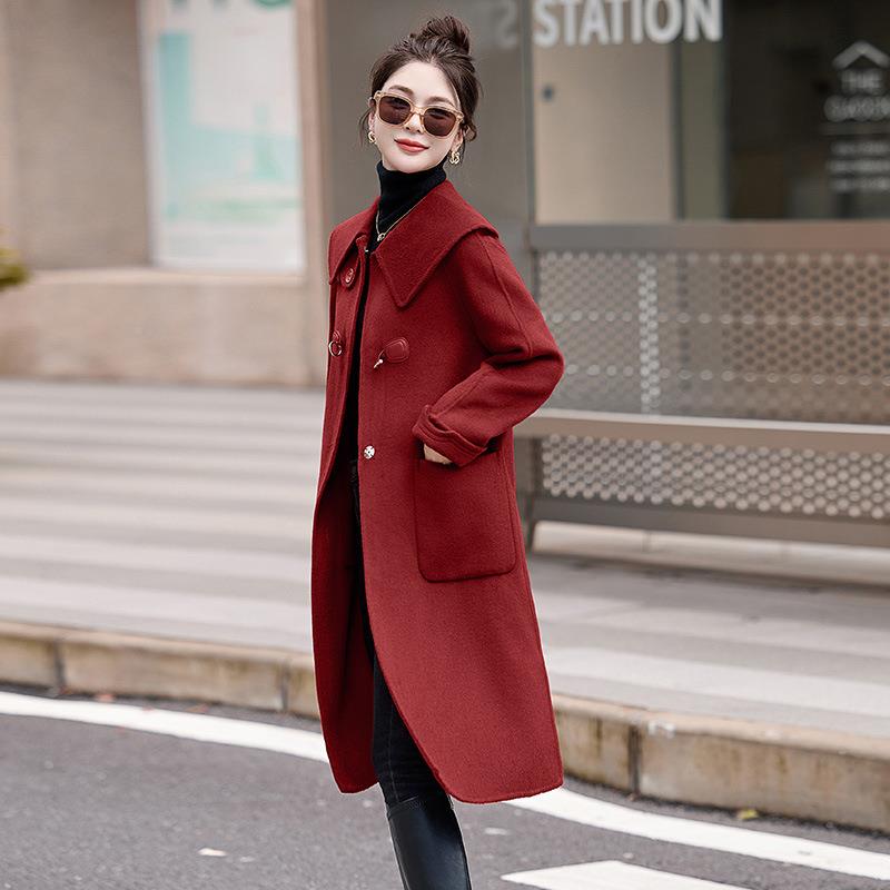 红安拉双面羊毛大ZMU 8873衣女中长冬季娃娃领减龄赫本风红色哥款