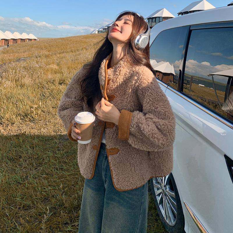 咖色两2面仿皮毛一体羊羔毛外套女20可5翻领可立领穿加绒C170-115