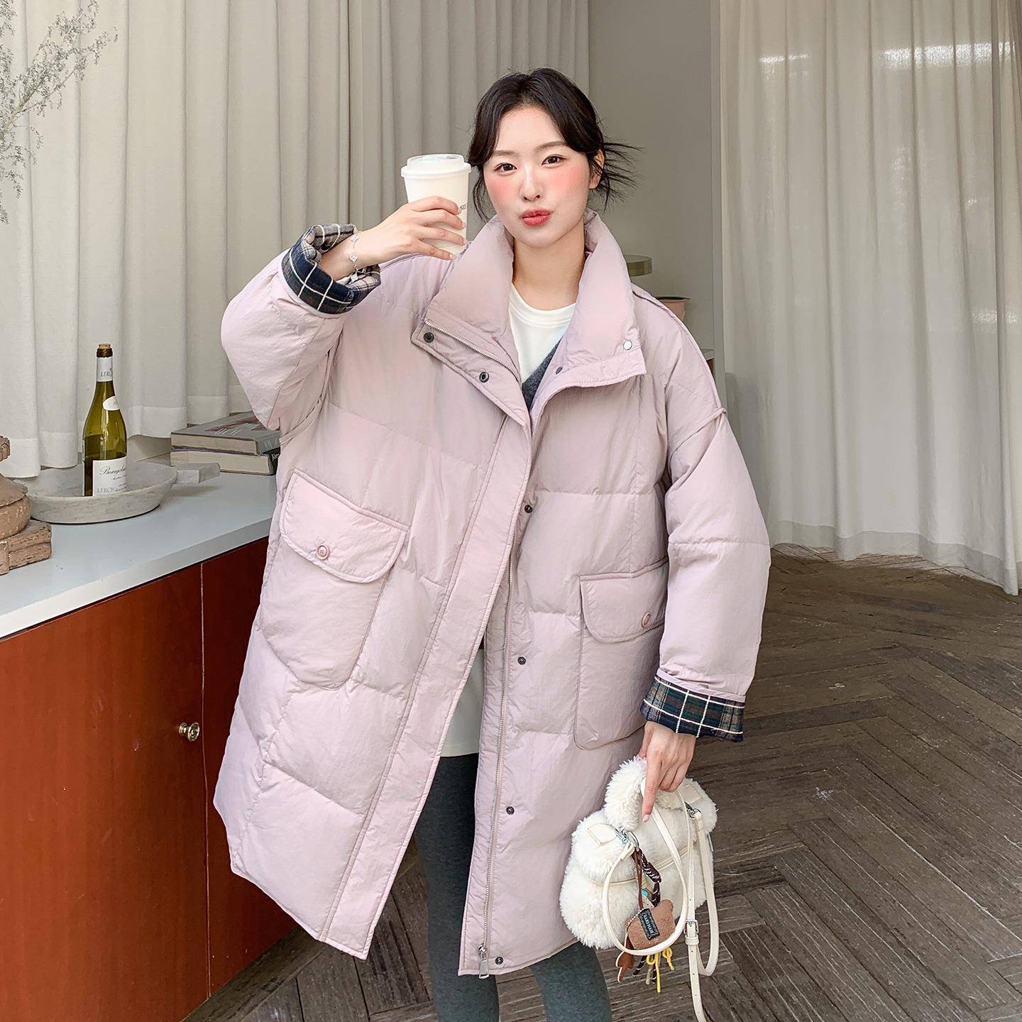 粉色0韩系中长款风防立领2保暖羽绒服女25冬季新款2D107-8590绒慵