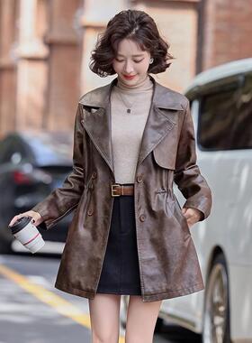P排U皮衣外套YG82936女2025春秋新款西领双扣中长款收腰皮风衣Y装