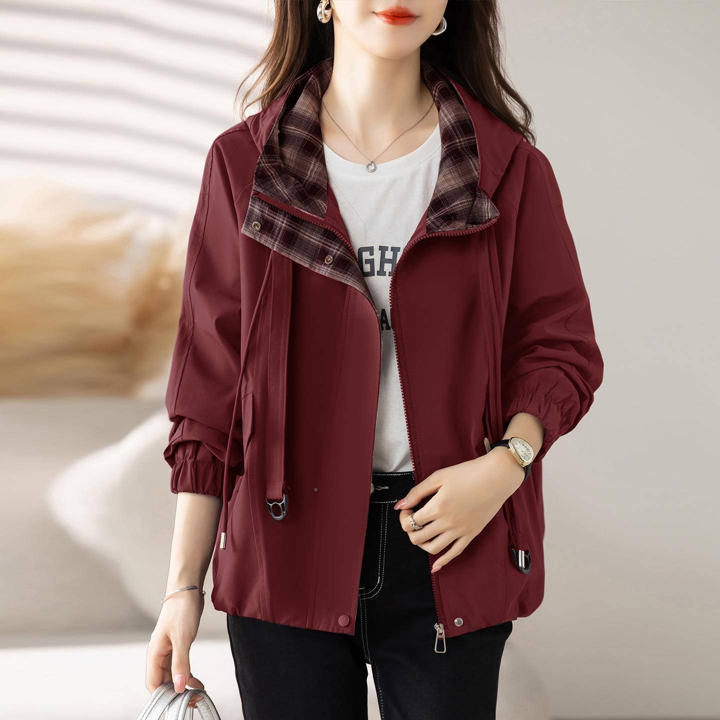 短款外套女2子02小5新款春秋个韩系宽松休闲百ZMU493Q搭减龄帽夹