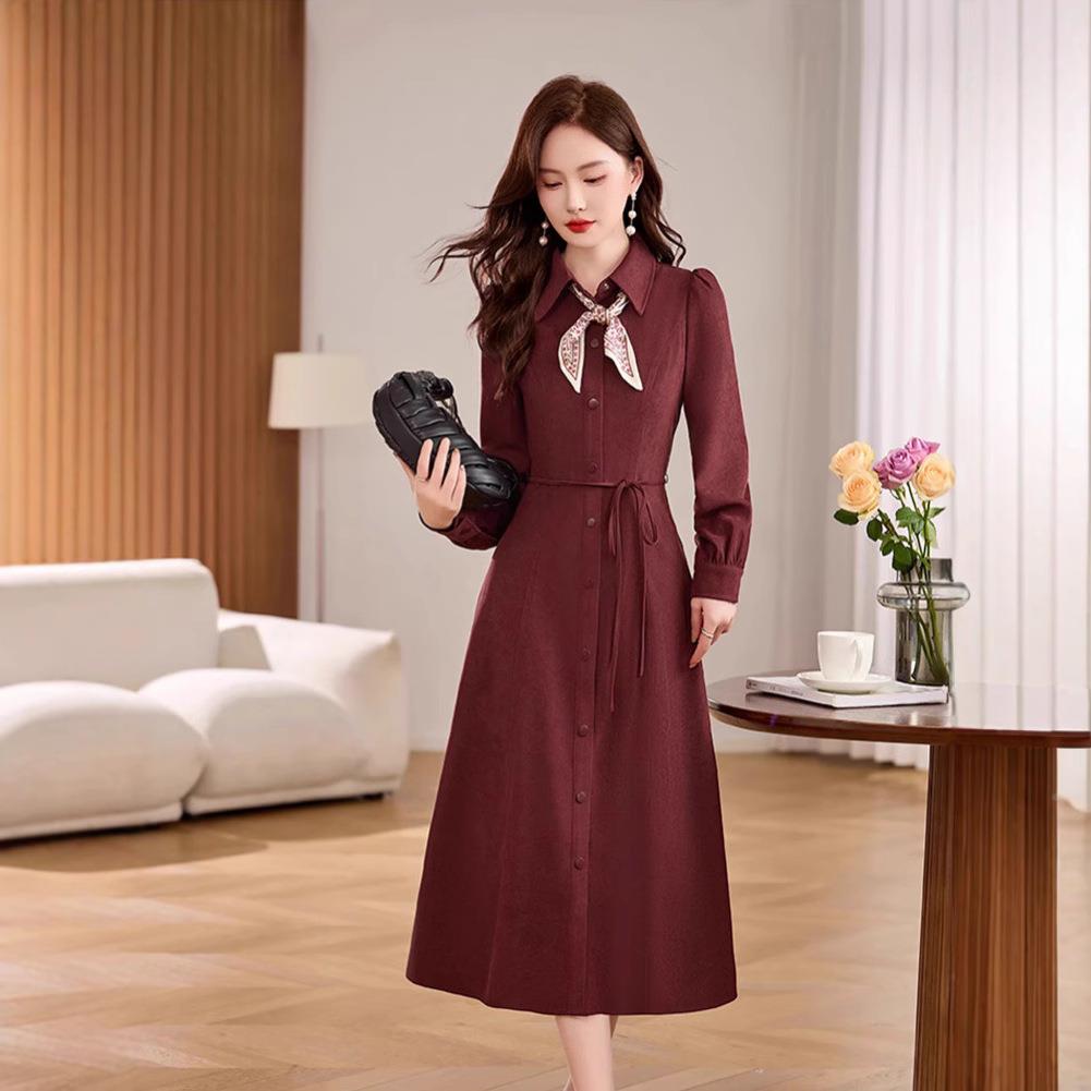 2025春季新款气雅优收腰质领长袖显瘦连翻衣裙 配领巾 ZZ5378-015