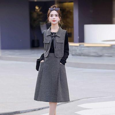 复古灰套装连身ZXING657衣裙女2025春季新媛款修名气质长裙子马袖