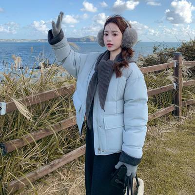 蓝色休闲短款圆浅领撞色羽绒保女冬季2025服新款设计暖白b171-XW3