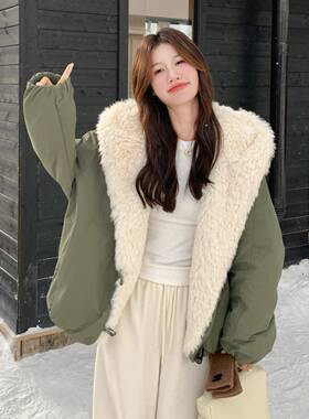 军绿色大毛领连厚帽派克服女冬扣季加保暖牛角连c166-660帽毛绒棉