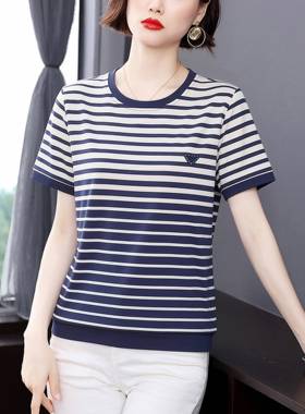 条纹短袖恤女时圆领夏季新款年显瘦中洋气尚上108780衣半袖休闲风