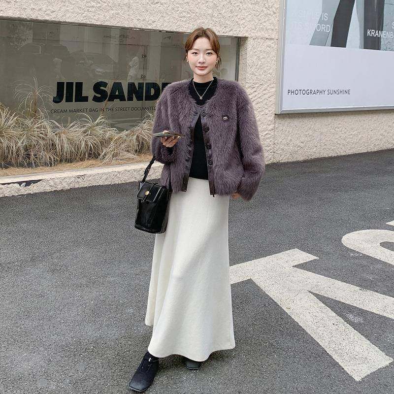 紫色U皮拼接仿皮草女2202B076-825冬季新P款复古质仿皮毛一体毛茸