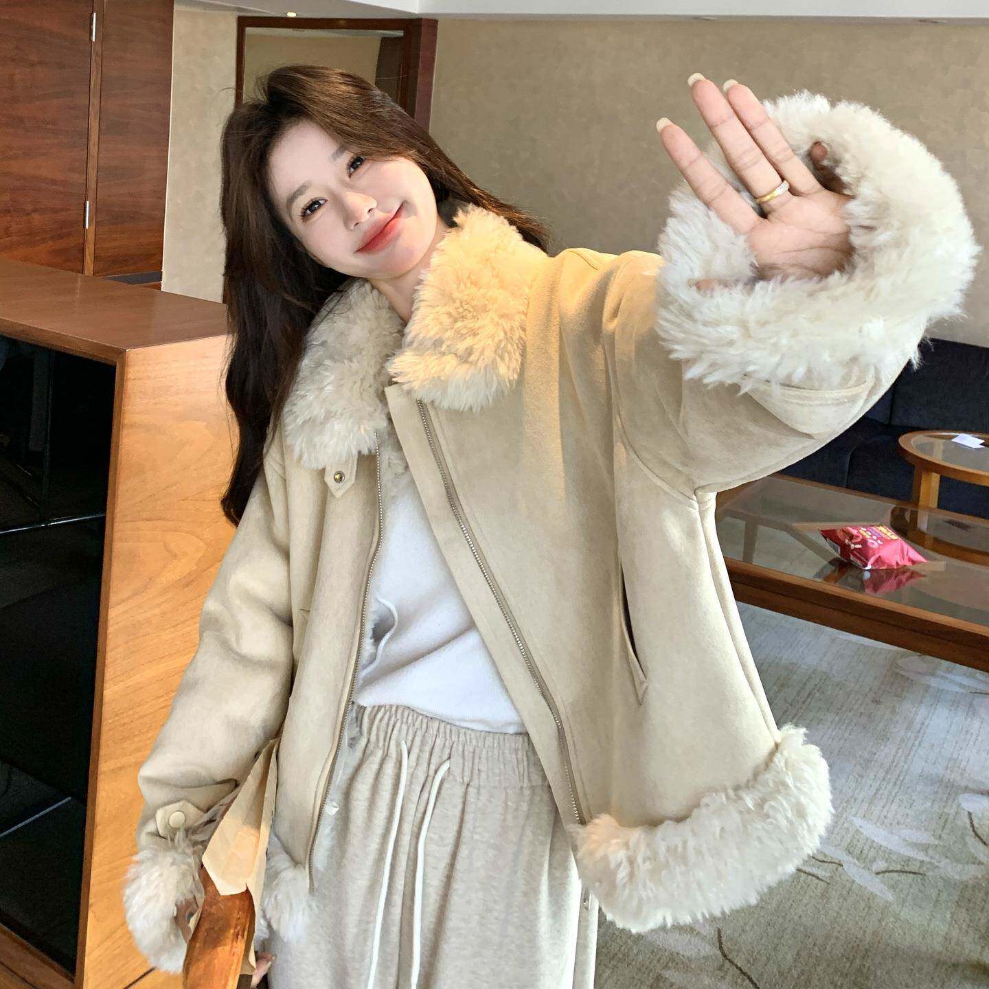 米杏仿皮毛2一体翻羊羔毛外套女0领色25冬小D035-251个子气质保暖