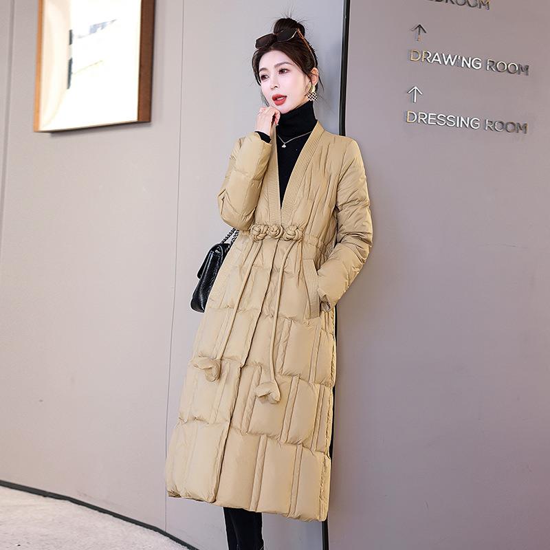 复古羽绒绒服长款过ZHUOD187膝气质领2024年冬季V新款设计感白鸭