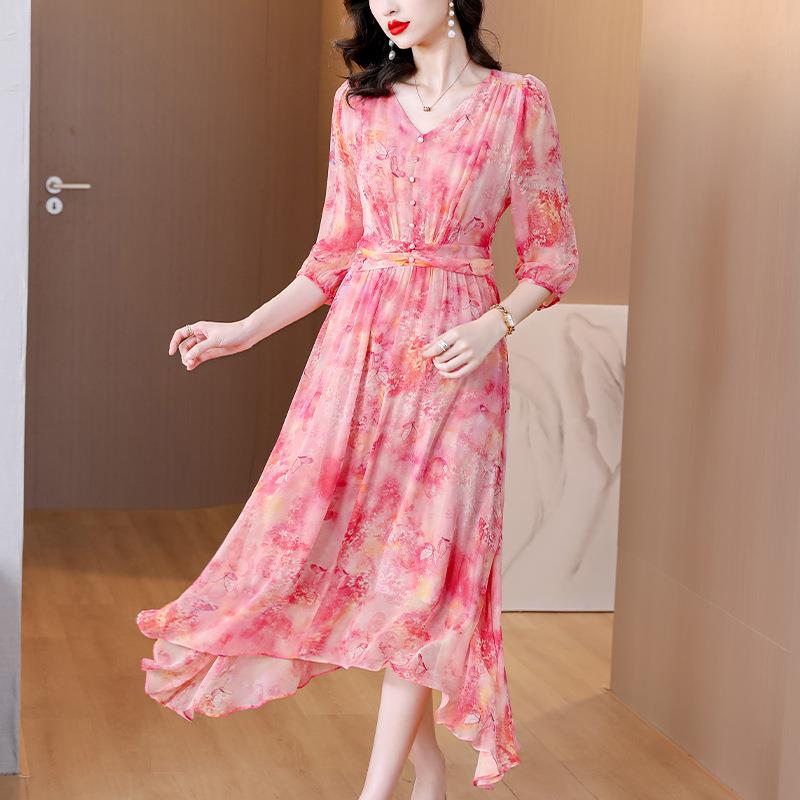 华情年真春丝连衣裙PE7605女夏新款尚时领修腰显瘦轻妈妈字裙