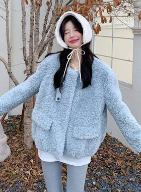 浅蓝仿皮毛一体羔毛短款外套羊女秋冬2个0C056-70825新款色韩系小