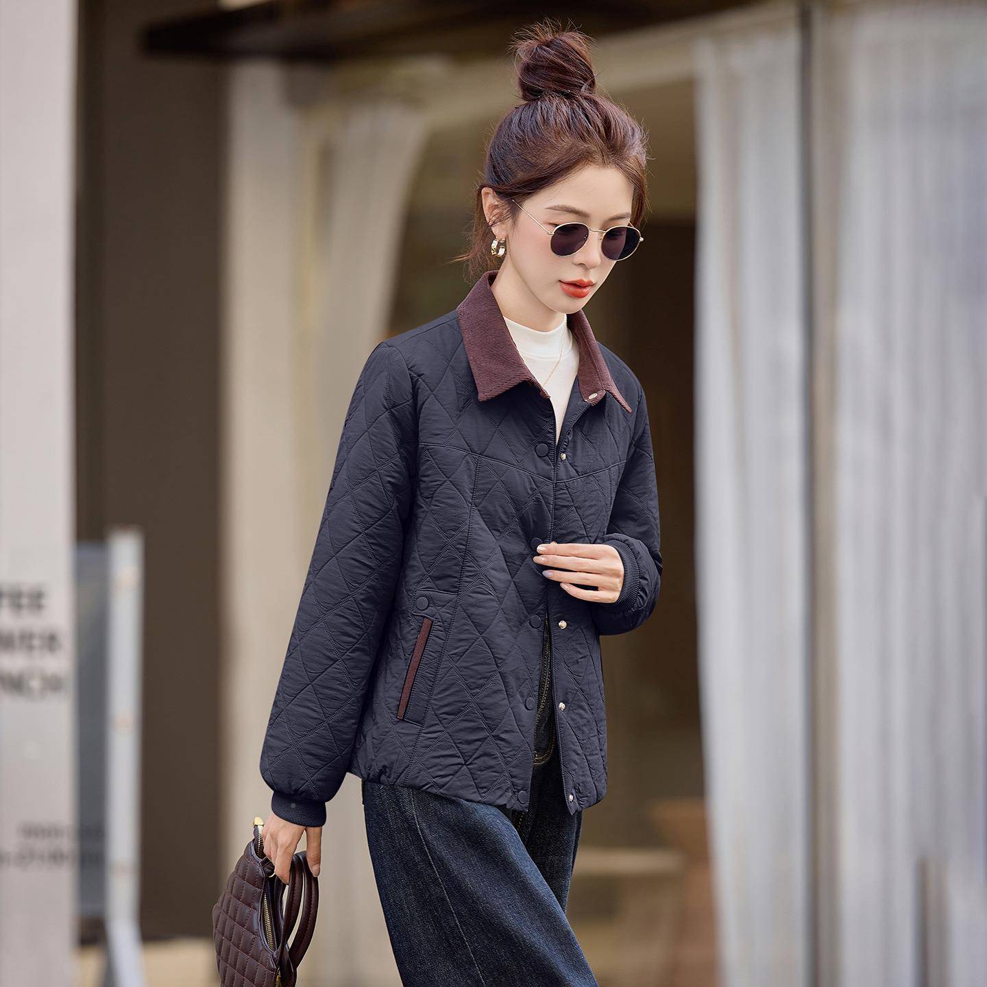 子时尚拼季色翻领菱格夹款棉ZYU9007M外套女2025冬新小个休闲百搭