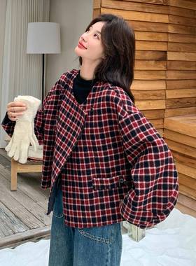 红色纹短款格古休闲大衣女2025冬新款韩版复气质超好看毛呢外C282
