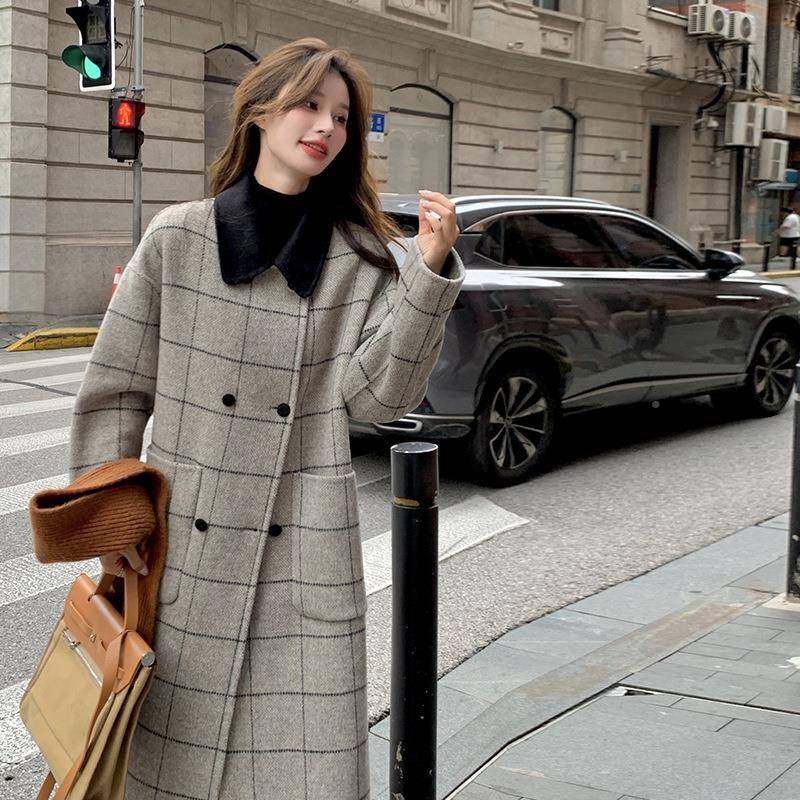 D111-A50高级感格子双面羊绒设大衣女中长款毛2025秋冬新款计感贴