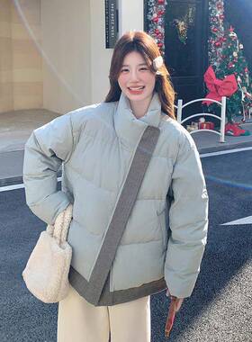蓝色立领b297-107接羽绒白服冬设季女新款计感小众加厚90拼鸭绒面