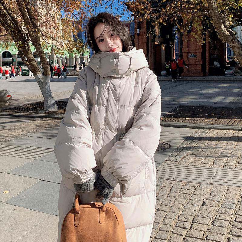 米白色大袋羽绒服女口中外长款2024冬新b199-175款版韩宽松加厚90