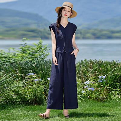 时休闲套筒装夏两季新款女装修身领衬衫直裤尚件LB2869-0套裤