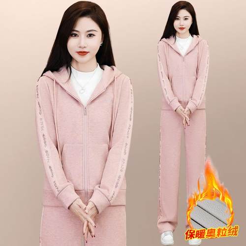 运动84565685套装秋洋冬2024女款时尚宽松气女士加绒加厚连帽休闲