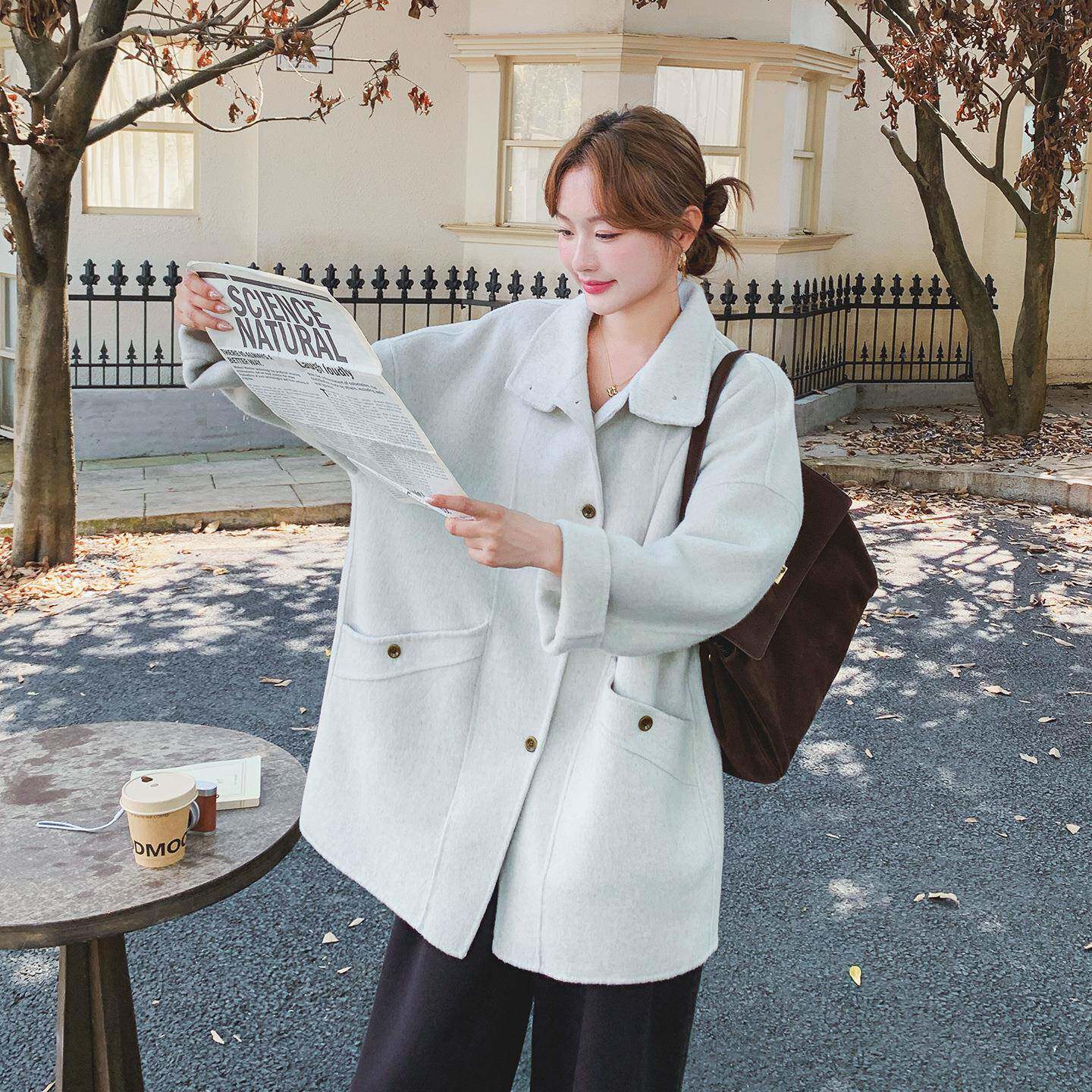 韩版复女C079-454古肩款双面呢羊毛大衣2025秋冬季新款显瘦加厚呢