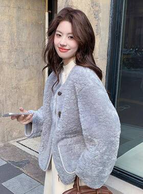 灰色气质仿皮毛一体羊羔套女冬0季22D113-C995外新款小个子短款加