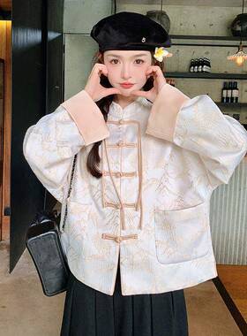 新中式国风感印花立领扣短外套女ZZB288  025秋季盘气质高级2宽松