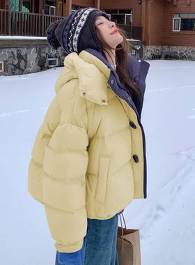 加蓝色连帽短款羽泡芙绒女冬超火好看高服级小众厚保b170-259暖面